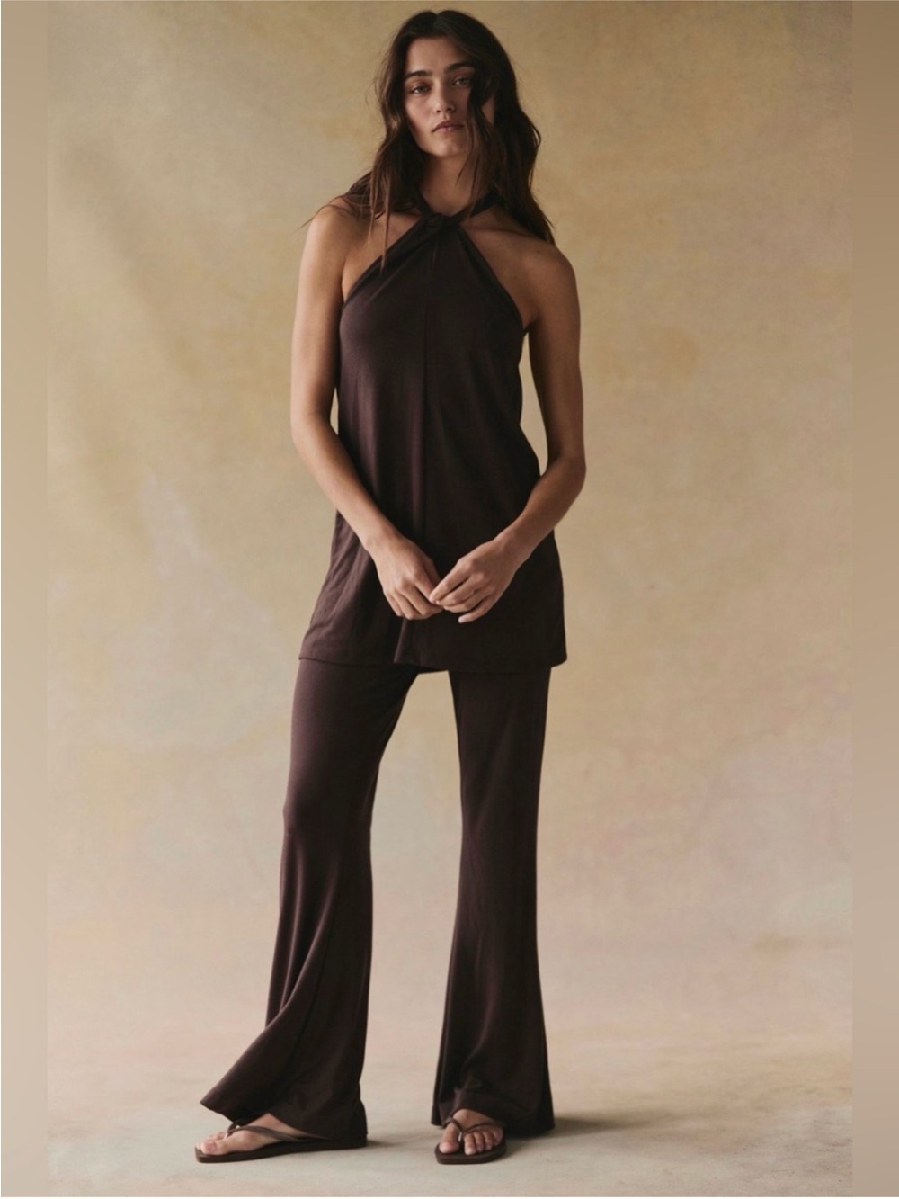 Free People Chocolate Brown Knit Halter Tunic & Pants Set